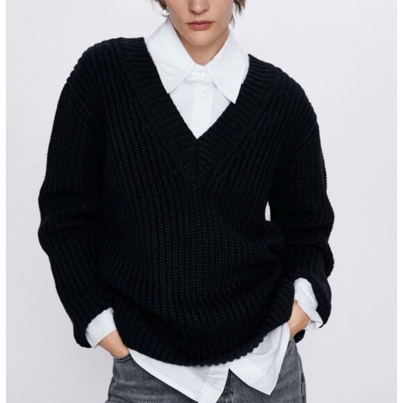 NEW! Zara Oversized Chunky Knit V Neck Sweater Black SZ S - Picture 6 of 14